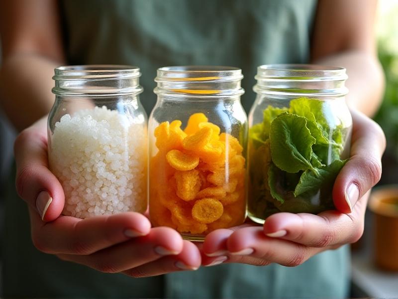 Close-up of hands holding glass jars filled with sea salt, magnesium flakes, dried bananas, and fresh kale leaves against a sunlit kitchen backdrop, emphasizing whole-food sources of electrolytes.