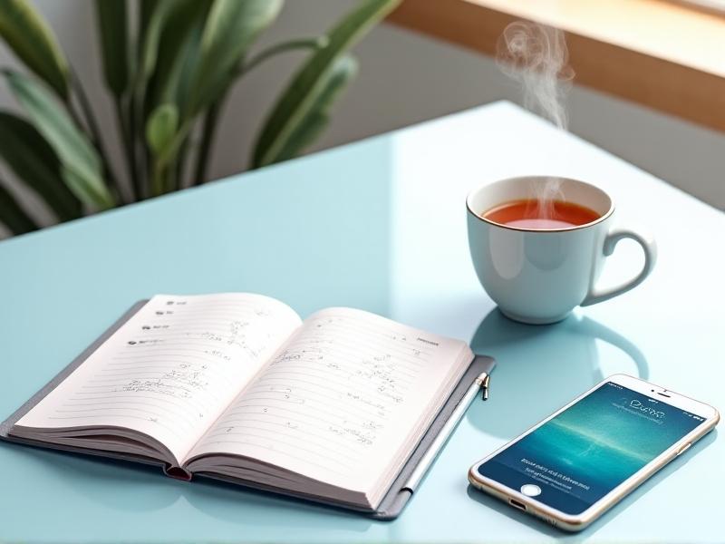 A minimalist desk setup with an open planner, smartphone displaying a binaural beats app, and a steaming cup of tea. Soft pastel colors dominate the scene, with a blurred bookshelf in the background, evoking organization and mindful productivity.