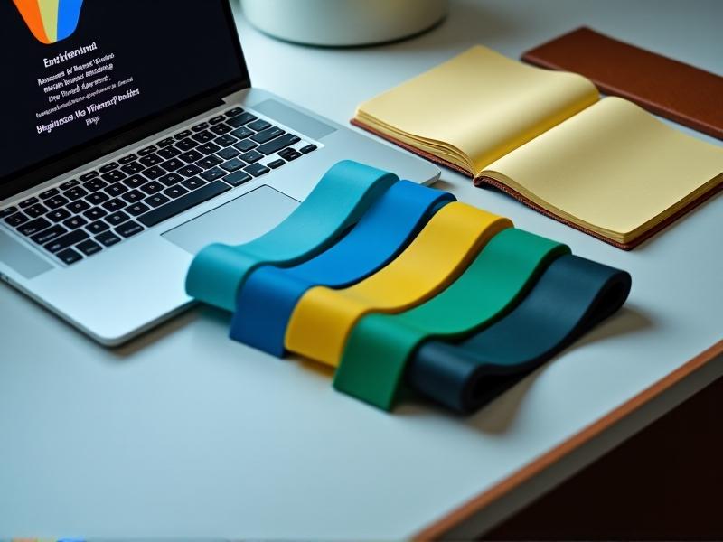 Five resistance bands in varying colors and thicknesses fanned out on a minimalist desk beside a laptop and planner, illustrating resistance levels from light to heavy for office-friendly workouts.
