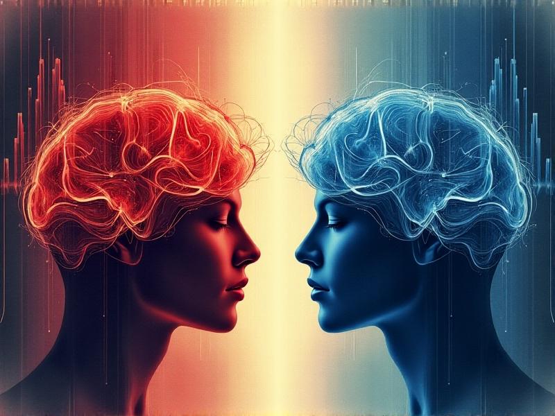 A scientific illustration comparing jagged red stress-induced brainwaves to smooth blue post-meditation waves, with a gradient background transitioning from dark to light, technical drawing style with annotations.