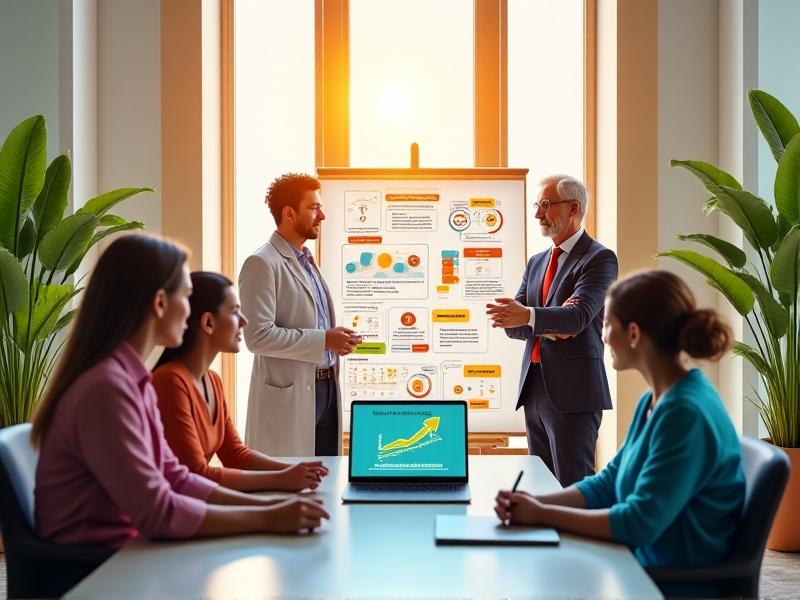 A diverse group of professionals collaborating in a sunlit conference room. A whiteboard filled with colorful diagrams sits in the background, while a laptop displays a fasting tracker app. Style: bright, airy composition with natural lighting and vibrant accents to symbolize energy and clarity.