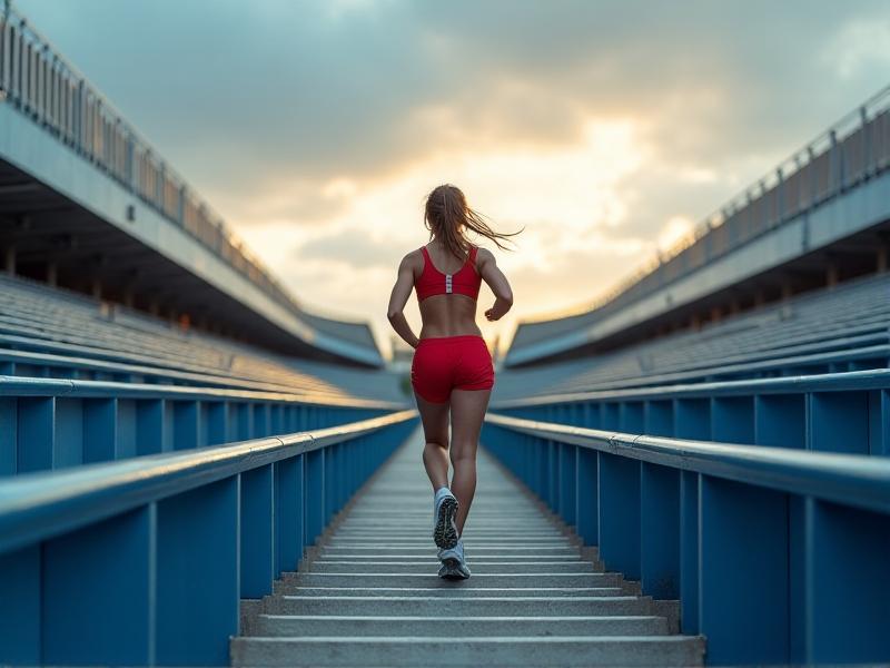 A panoramic view of an empty sports stadium with rows of blue metal stairs under a partly cloudy sky, featuring a runner in red shorts mid-stride near the top railing.