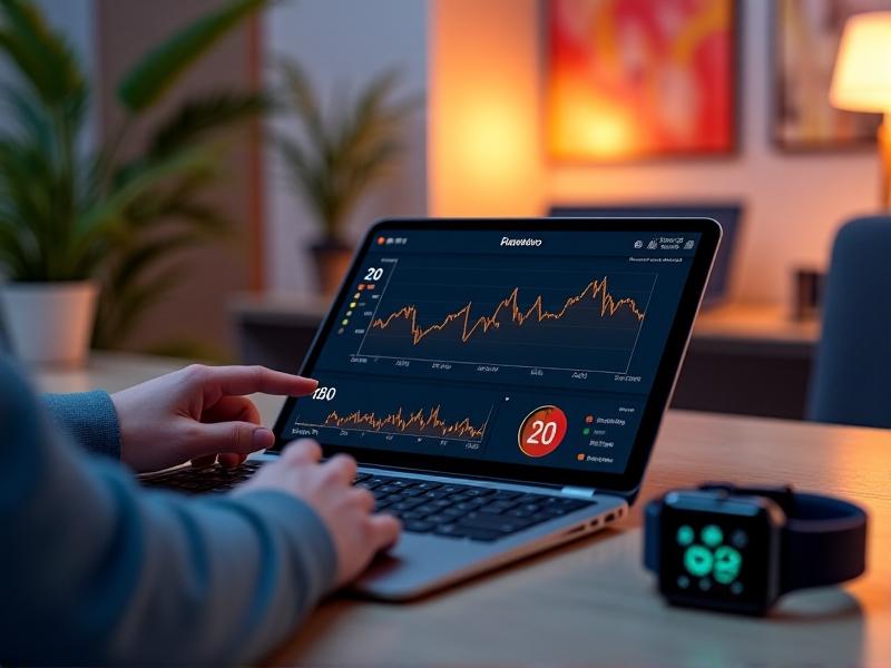A digital dashboard on a tablet screen showing synchronized data: a Pomodoro timer at 20 minutes, a line graph of heart rate variability, and a color-coded stress index. A hand adjusts settings on the tablet, which rests beside a smartwatch displaying real-time biometrics. The background features a cozy home office with soft LED lighting, ergonomic chair, and abstract art on the wall, evoking a tech-savvy yet personalized productivity environment.