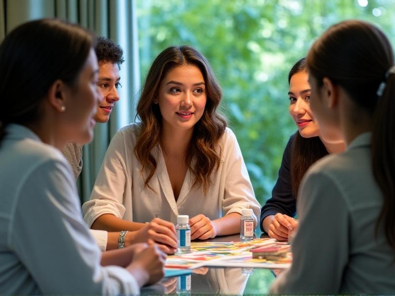 A diverse team collaborating around a glass table strewn with colored pens and aroma bottles labeled ‘ginger’ and ‘pine.’ A woman inhales deeply from a scent strip, her expression inspired. Warm overhead lighting with blurred greenery in the background.