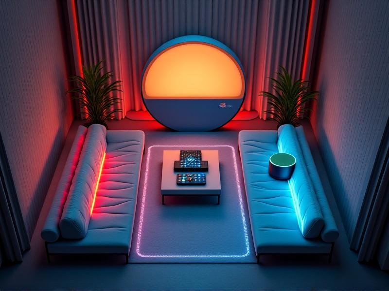 An overhead view of a modern living room with devices from different brands—a Google Nest, Amazon Echo, and Apple HomePod—connected by glowing lines symbolizing data synchronization. The image uses vibrant, harmonious colors and a futuristic aesthetic to represent seamless interoperability.