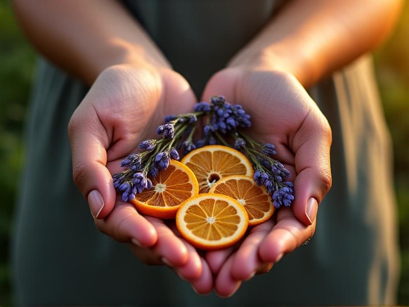 Hands holding a notebook filled with handwritten essential oil recipes, surrounded by dried citrus slices, fresh lavender sprigs, and dropper bottles. Golden hour sunlight accentuates the warm, earthy tones of the natural materials.