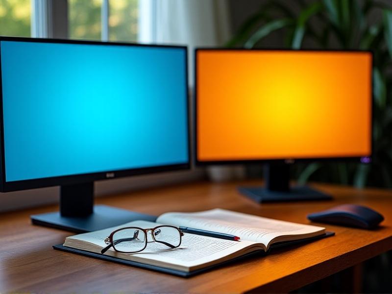 Side-by-side comparison of two computer monitors: one with a cool blue display and another with a warm amber tint. The monitors sit on a wooden desk with a notebook and glasses, emphasizing the difference in screen color temperature and eye comfort.