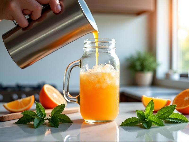 A step-by-step sequence showing a blender mixing orange slices, coconut water, sea salt, and honey, poured into a mason jar with ice cubes and mint leaves, styled in a bright, modern kitchen with clean utensils.