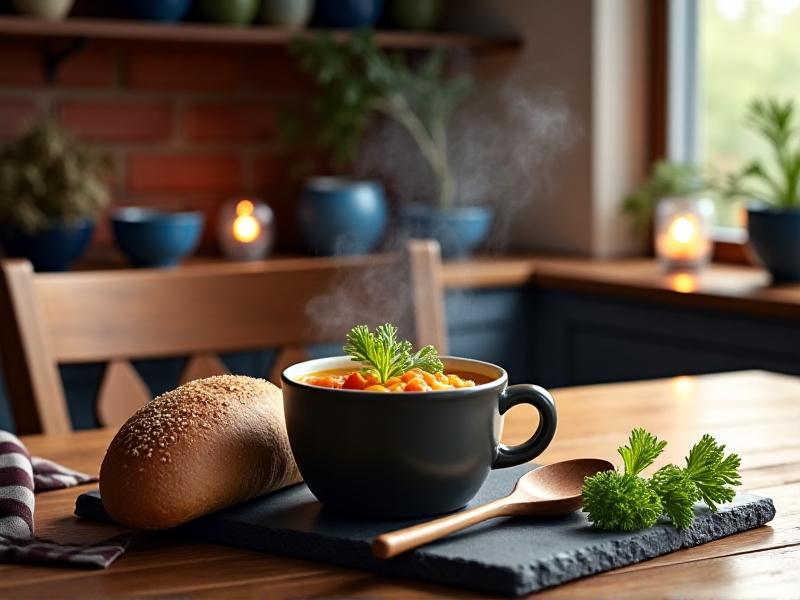 Steaming vegetable soup in a thermal mug with carrots, celery, and kale visible, accompanied by a wooden spoon and artisan bread on a slate tray in a cozy kitchen setting.