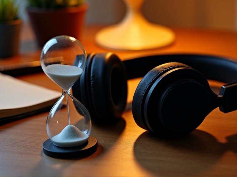 A close-up photo of over-ear headphones resting on a wooden desk next to an hourglass timer, warm ambient light casting soft shadows, symbolizing timed focus sessions. A notebook and pen in the background suggest productivity and intentionality.