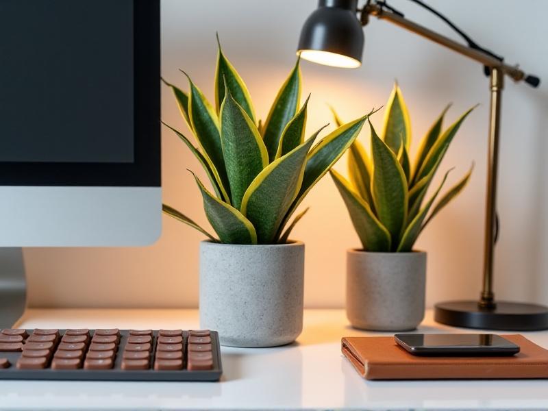 A mature snake plant with vertical, sword-like leaves in variegated green and yellow, potted in a geometric concrete planter. Placed beside a keyboard and notebook under warm desk lamp lighting, highlighting its architectural form.