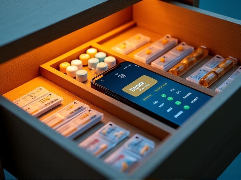 An angled view inside a desk drawer featuring a gridded bamboo organizer holding color-coded pill cases, pre-filled oral syringes, and labeled zip bags. A smartphone displays a dose-tracking app beside them, all illuminated by cool-toned task lighting.